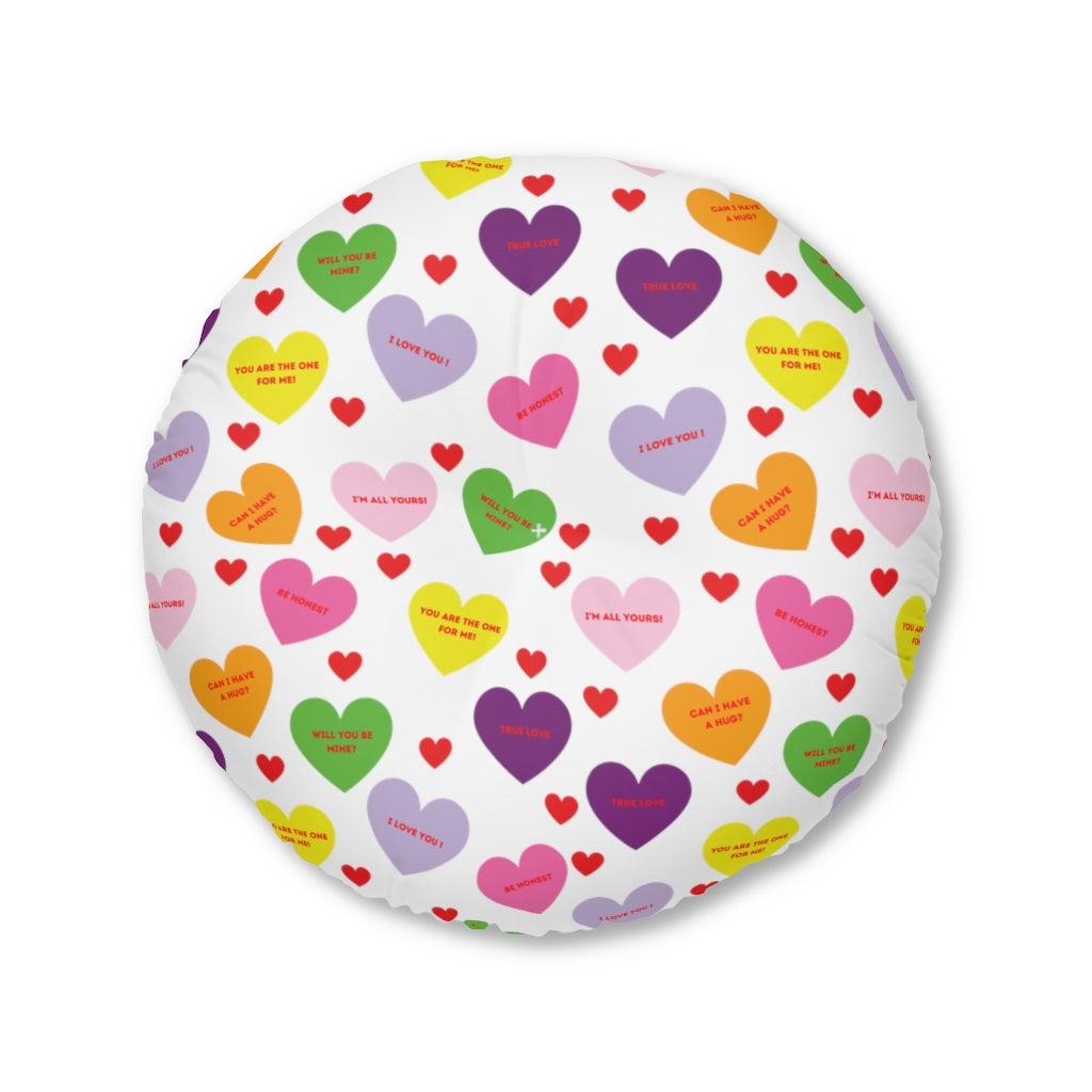 Sweet Tart Hearts Tufted Round Floor Pillow