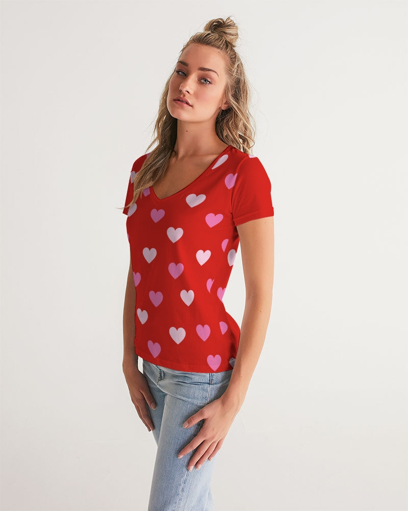 Pink Hearts Ladies V-Neck Tee