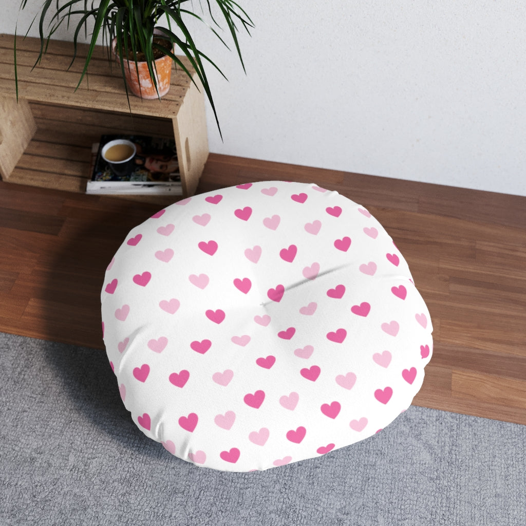 Pink Hearts Tufted Round Floor Pillow