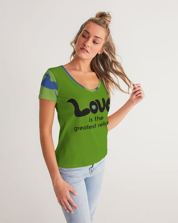 Love Is The Greatest Religion V-Neck Tee (QR CODE ON BACK for Brand Supporters)