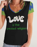 Love Is The Greatest Religion Ladies V-Neck Tee (QR CODE ON BACK FOR BRAND SUPPORTERS)-1