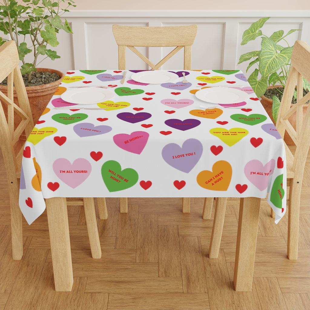 Valentine's Sweet Tart Hearts Table Cloth (red words)