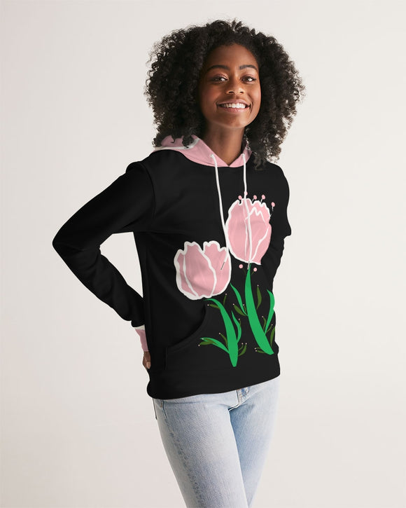 Peach Tulip Ladies Black Hoodie