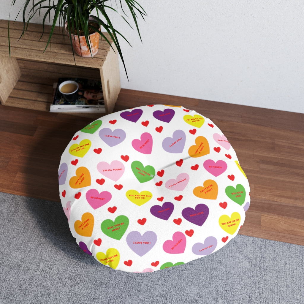 Sweet Tart Hearts Tufted Round Floor Pillow