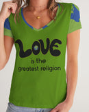 Love Is The Greatest Religion V-Neck Tee (QR CODE ON BACK for Brand Supporters)-1