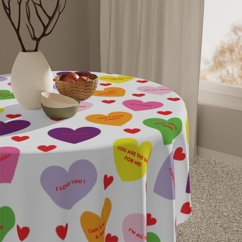 Valentine's Sweet Tart Hearts Table Cloth (red words)