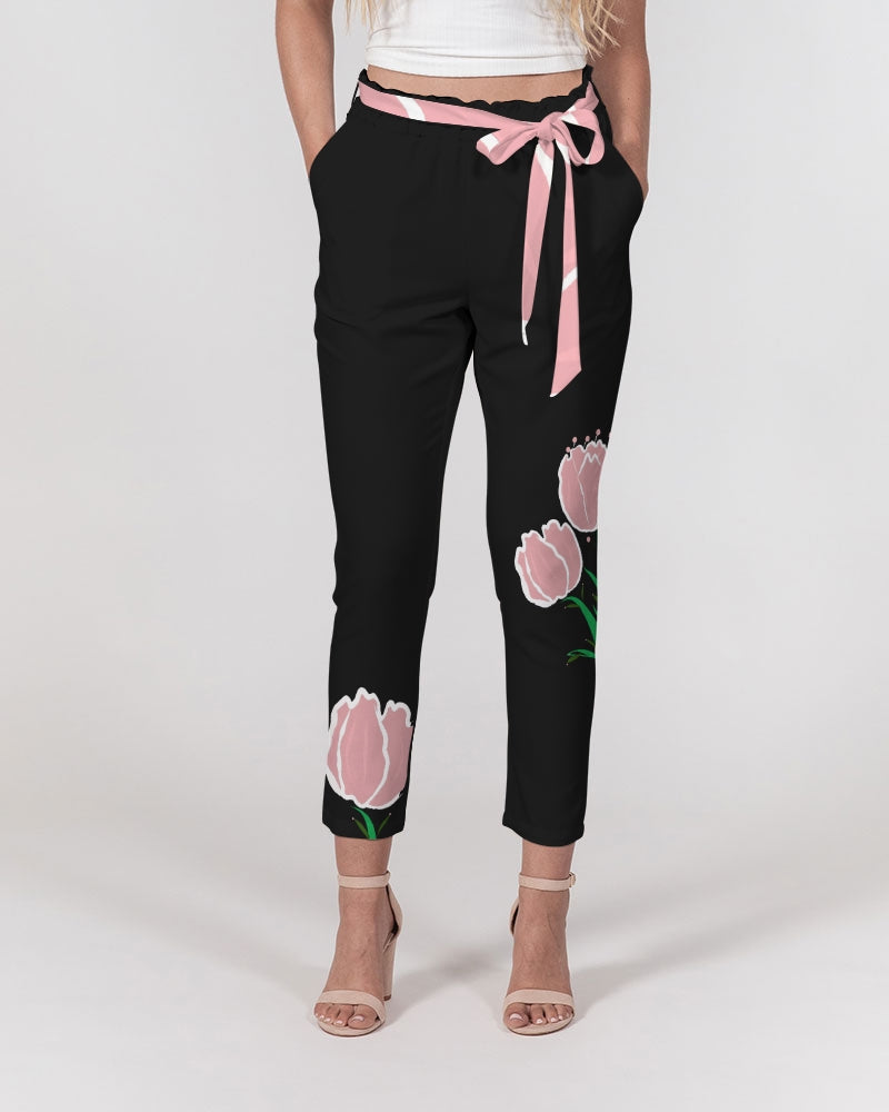 Peach Tulip Ladies Belted Tapered Black Pants