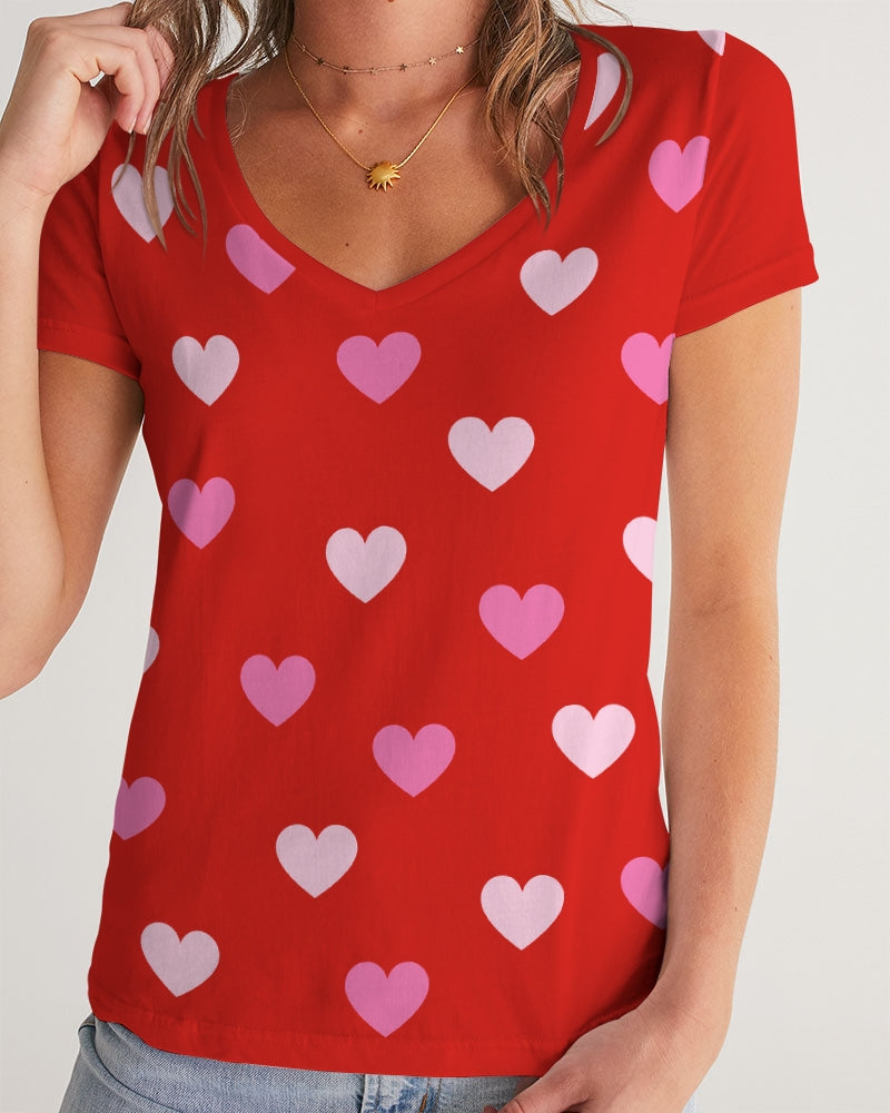 Pink Hearts Ladies V-Neck Tee