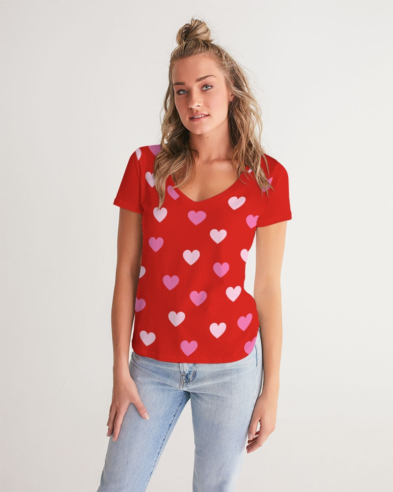 Pink Hearts Ladies V-Neck Tee